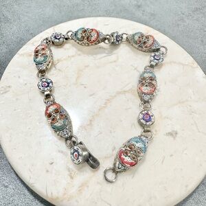 Vintage Italian Miro Mosaic Glass Tiles Silver Tone Link Bracelet